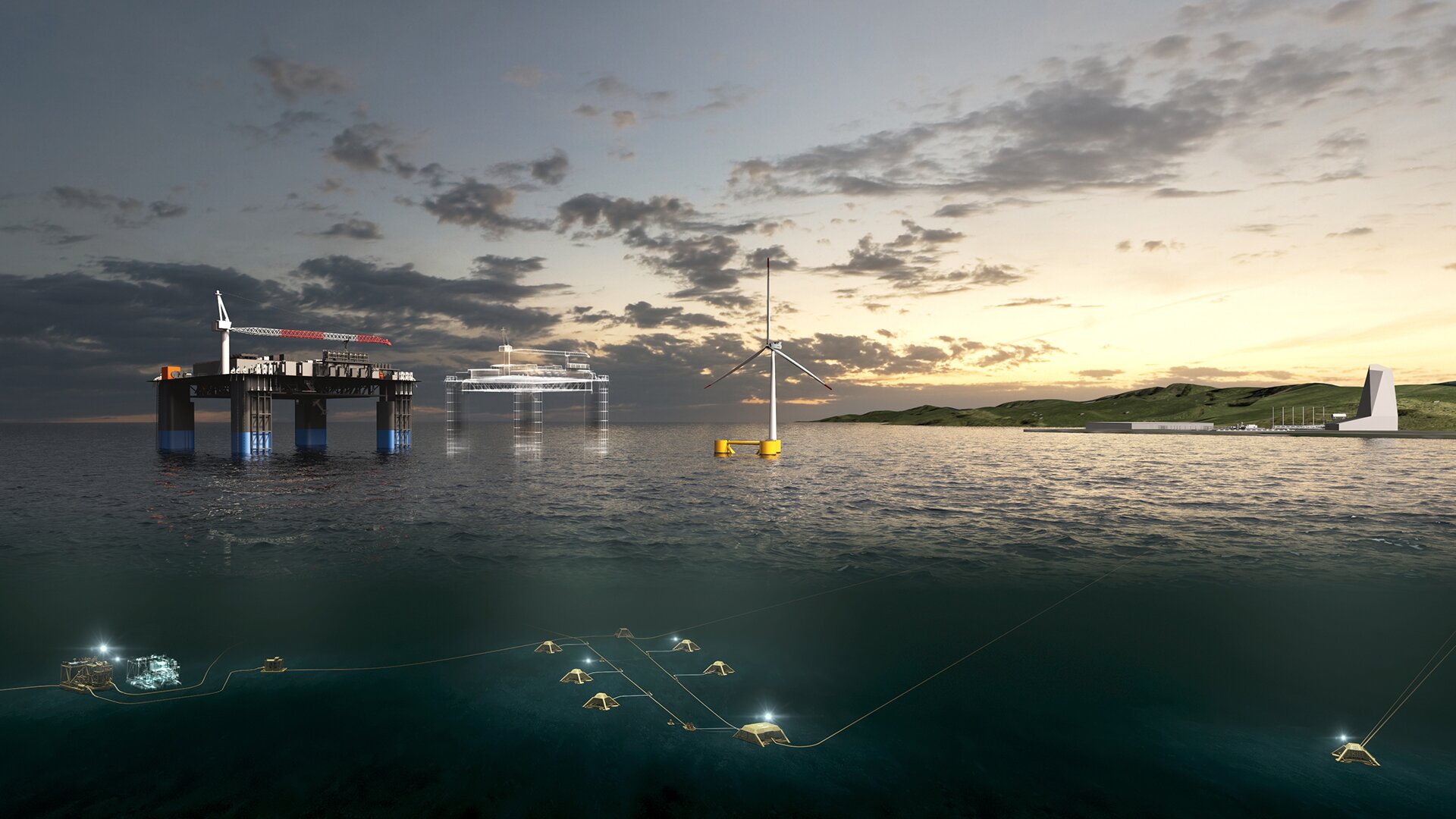 2 platforms and a windmill in the ocean close to land