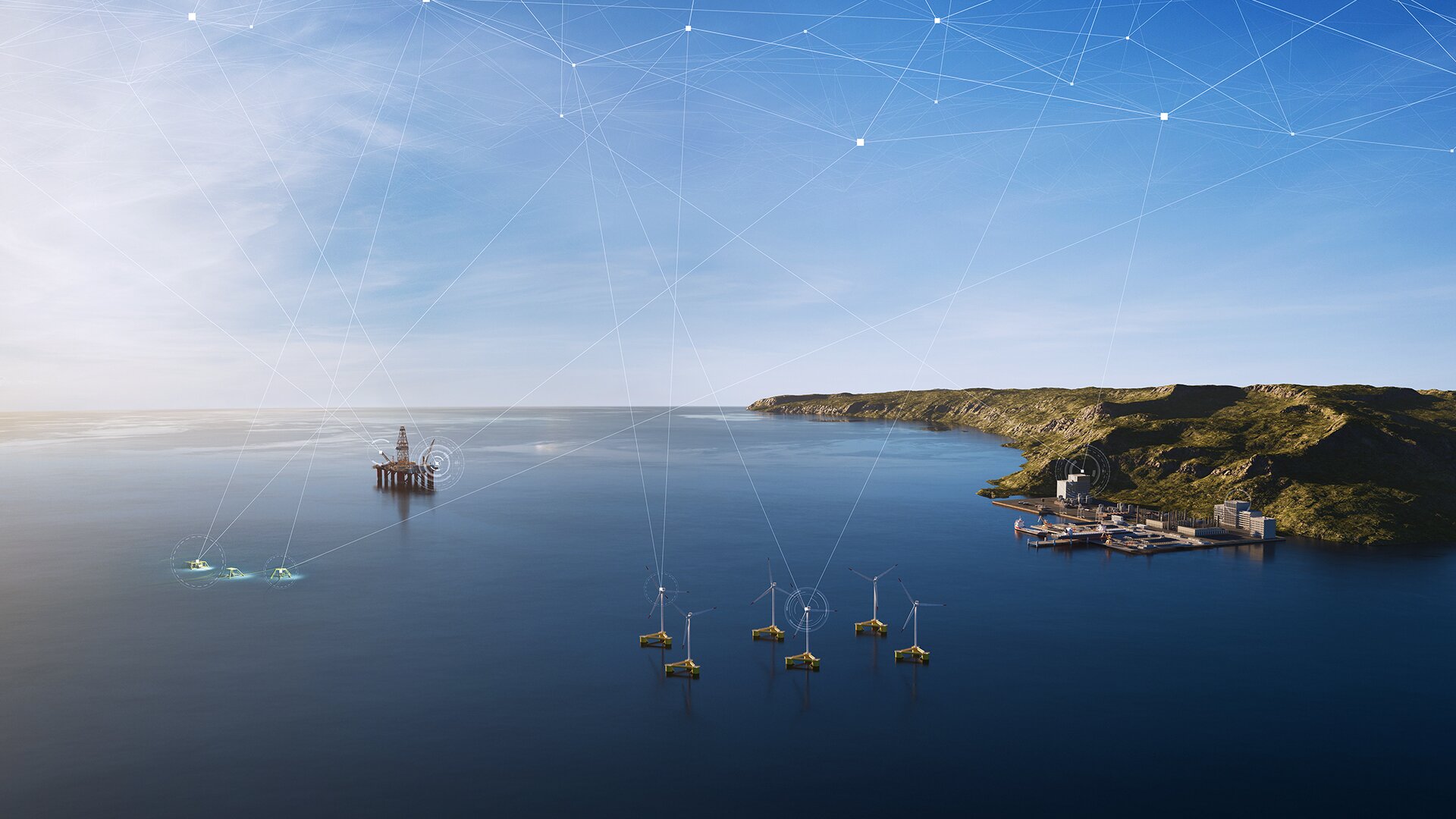 a platform and windmills in the sea close to land with an industrial harbour