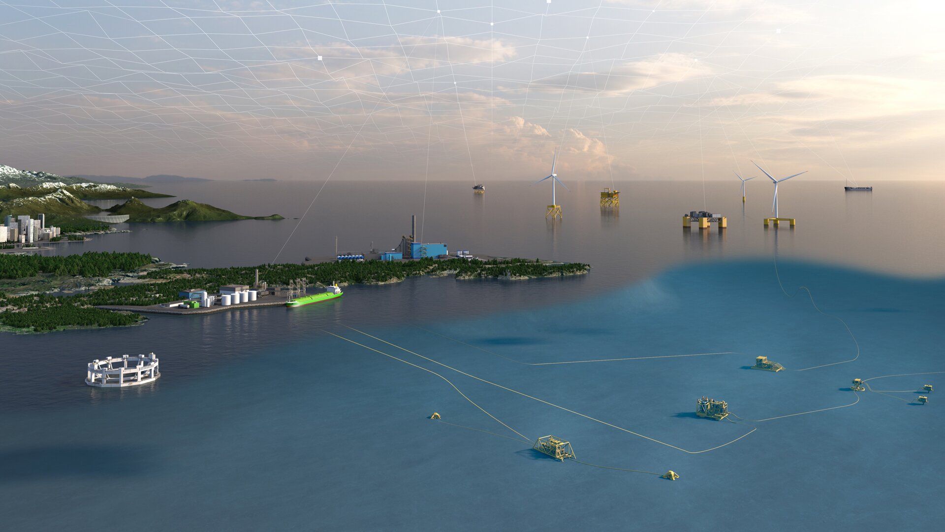 windmills, boat and platforms in the sea close to land with industrial harbour